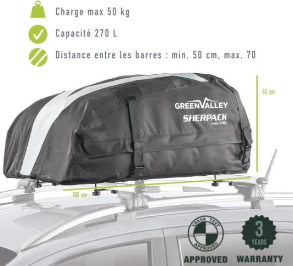 Green Valley 158005 Coffre de Toit Souple 270 L – Étanche, Pliable & Compact – Fixation Barres Universelles