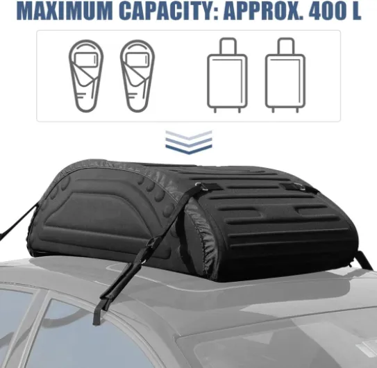 Coffre de Toit Voiture Pliable, Porte-Bagage Imperméable en PE Mousse 400 L, Coffre de Toit Souple avec 4 Sangles, Sac de Transport, pour Camionnettes, SUV, Camping-Car, 115 X 60 X 35 CM (Noir)