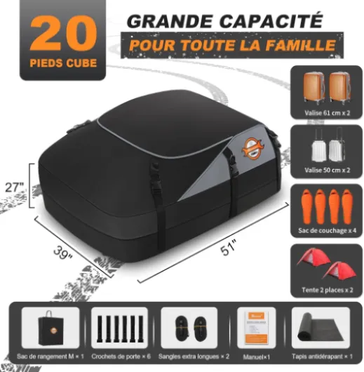 Coffre de Toit, 580 l, Coffre de Toit étanche avec ou sans galerie de Toit, 6 Crochets de sécurité et Sac de Rangement Inclus - 6 crochets de porte + 2 sangles longues