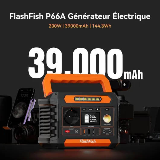 FlashFish 144,3 Wh Generateur Électrique Avec Panneau Solaire 60W,Générateur Solaire Portable 200W Avec 230 V AC/DC/USB/type C/lumières LED -Batterie de Secours Pour camping, voyages et Urgences 144,3 Wh Générateur + Panneau Solaire 60w