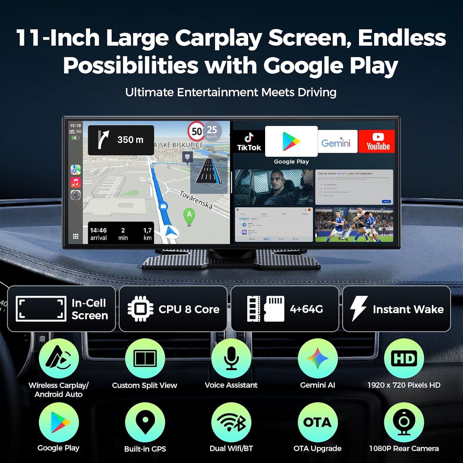 Autoradio Écran CarPlay sans Fil avec Google-Play & Gemini AI,11 Pouces AppIe Car Play Portable Android Auto avec 8-core 4+64 GB Net-flix Youtube/Caméra de Recul/Airplay/Bluetooth/Navigation/FM