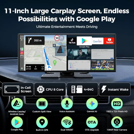 Autoradio Écran CarPlay sans Fil avec Google-Play & Gemini AI,11 Pouces AppIe Car Play Portable Android Auto avec 8-core 4+64 GB Net-flix Youtube/Caméra de Recul/Airplay/Bluetooth/Navigation/FM