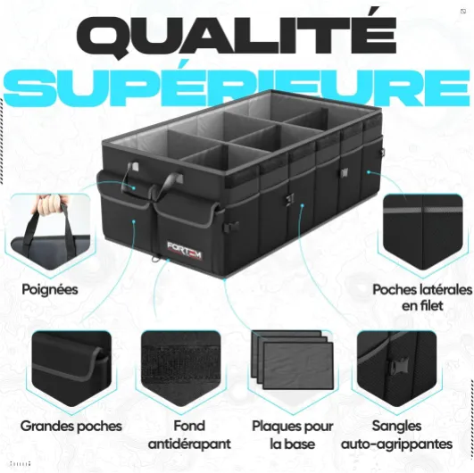 Rangement Coffre de Voiture, Pratique et Spacieux, Boite Rangement voiture interieur pliable, Organisateur de Coffre Fond Antidérapant, Sangles de Sécurité et couvercle souple, Car Accessories Noir 85 L