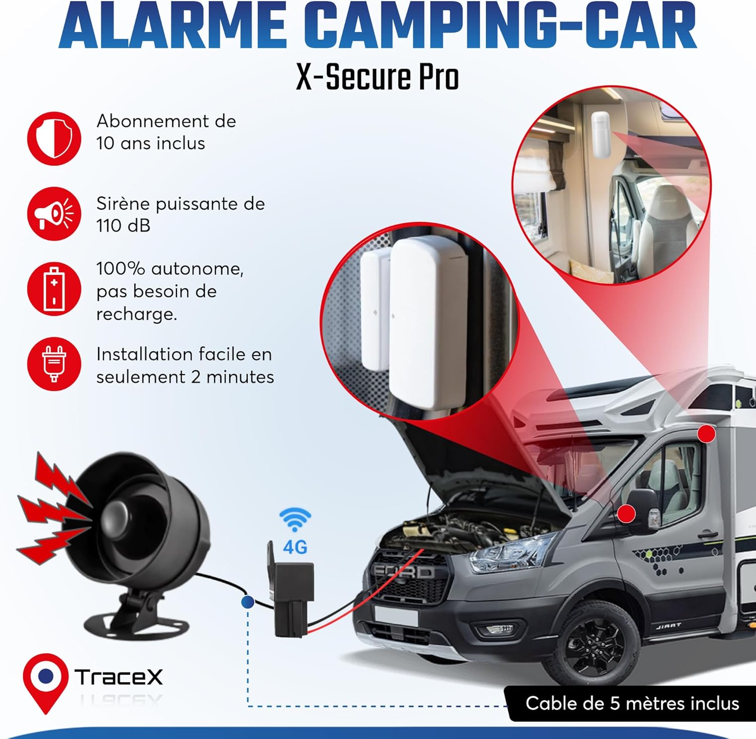 Alarme Antivol 110dB Connectée GPS pour Voiture, Moto, Van, Fourgon & Camping-Car – Sirène de Sécurité Universelle Compatible avec Traceur GPS TraceX (Traceur requis) Alarme sans traceur (nécéssite un traceur TraceX pour fonctionner)