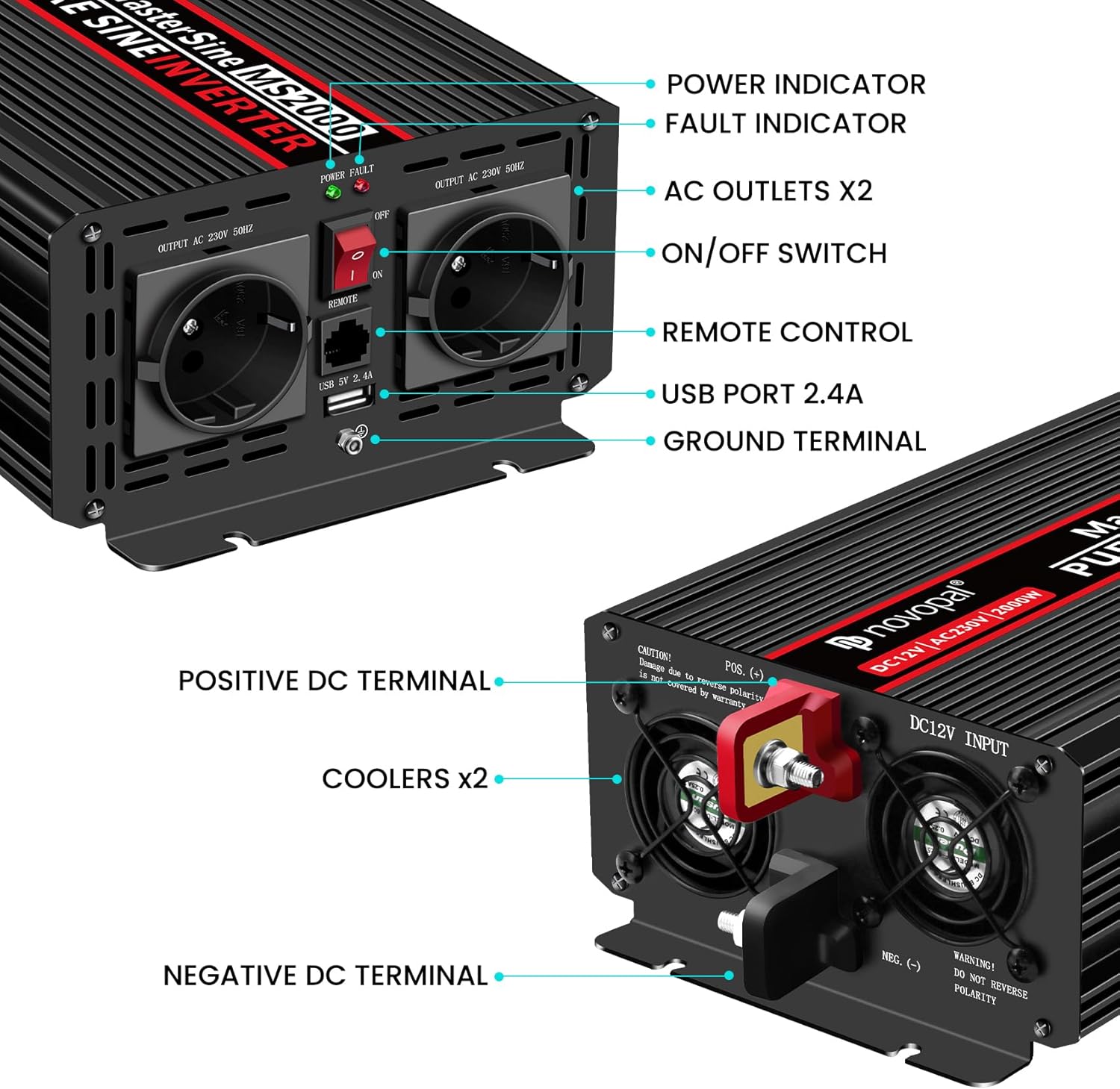 Convertisseur Pur Sinus 2000W-DC 12V à AC 220V/230V Onduleur-2 Prise EU de Courant Alternatif et 1 Port USB-télécommande avec INCL - 5 mètres 2000W 12V