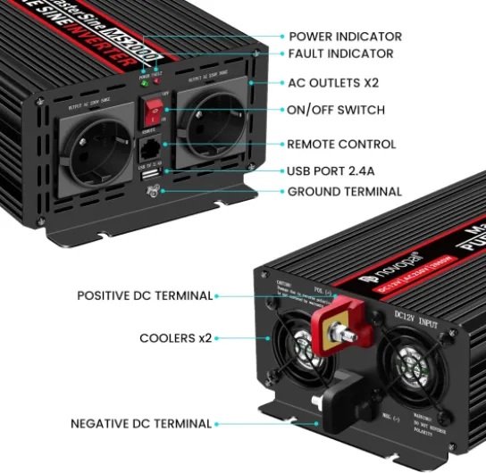 Convertisseur Pur Sinus 2000W-DC 12V à AC 220V/230V Onduleur-2 Prise EU de Courant Alternatif et 1 Port USB-télécommande avec INCL - 5 mètres 2000W 12V