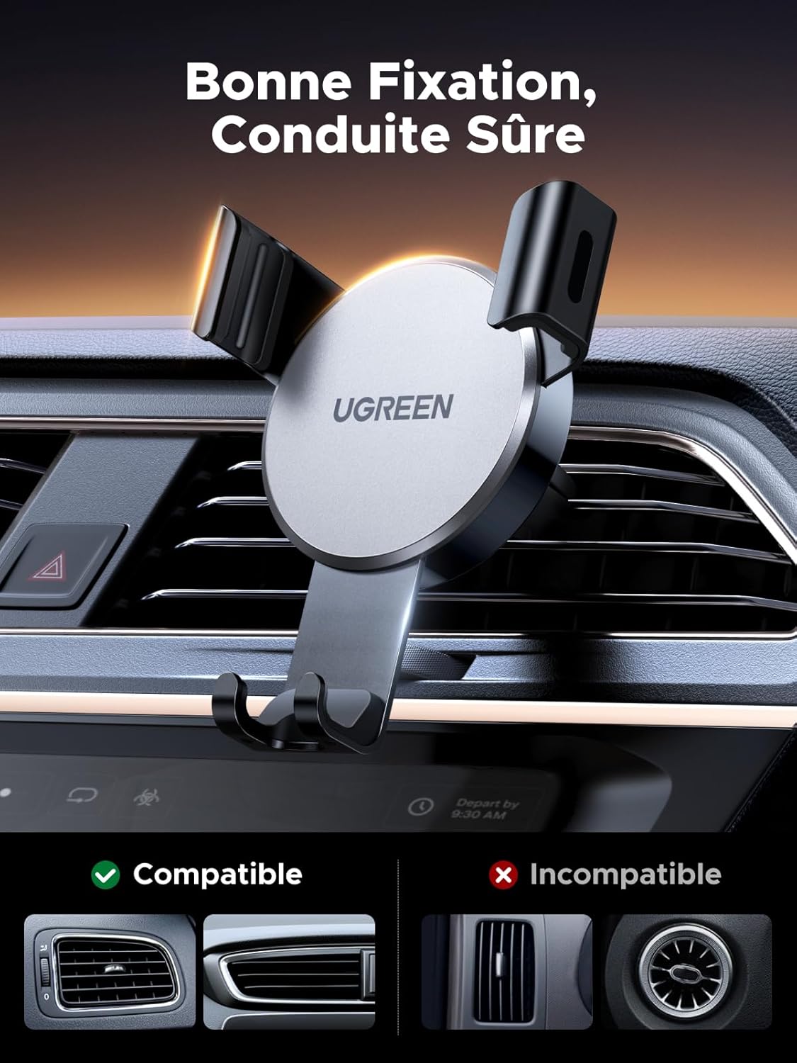 Support Téléphone Voiture Gravité Grille Aération Porte Smartphone Voiture Ventilation Accroche Téléphone Auto Compatible avec iPhone 17 Pro Max Air 16 15 14 Galaxy S25 Ultra S24 (Gris)