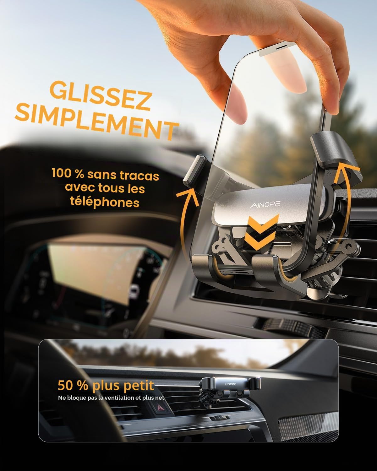 Support Téléphone Voiture [Bras Télescopique] [Clip de Qualité Militaire] Accroche Telephone Voiture pour Grille D'aération Compatible Avec Samsung Galaxy 25 24 23 Ultra, iPhone 16 Pro Max, Smartphone Noir