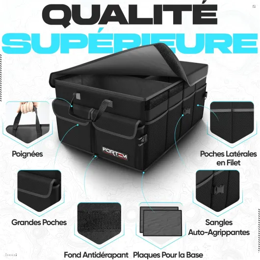 Rangement Coffre de Voiture, Pratique et Spacieux, Boite Rangement voiture interieur pliable, Organisateur de Coffre Fond Antidérapant, Sangles de Sécurité et couvercle souple, Car Accessories Noir 65 L