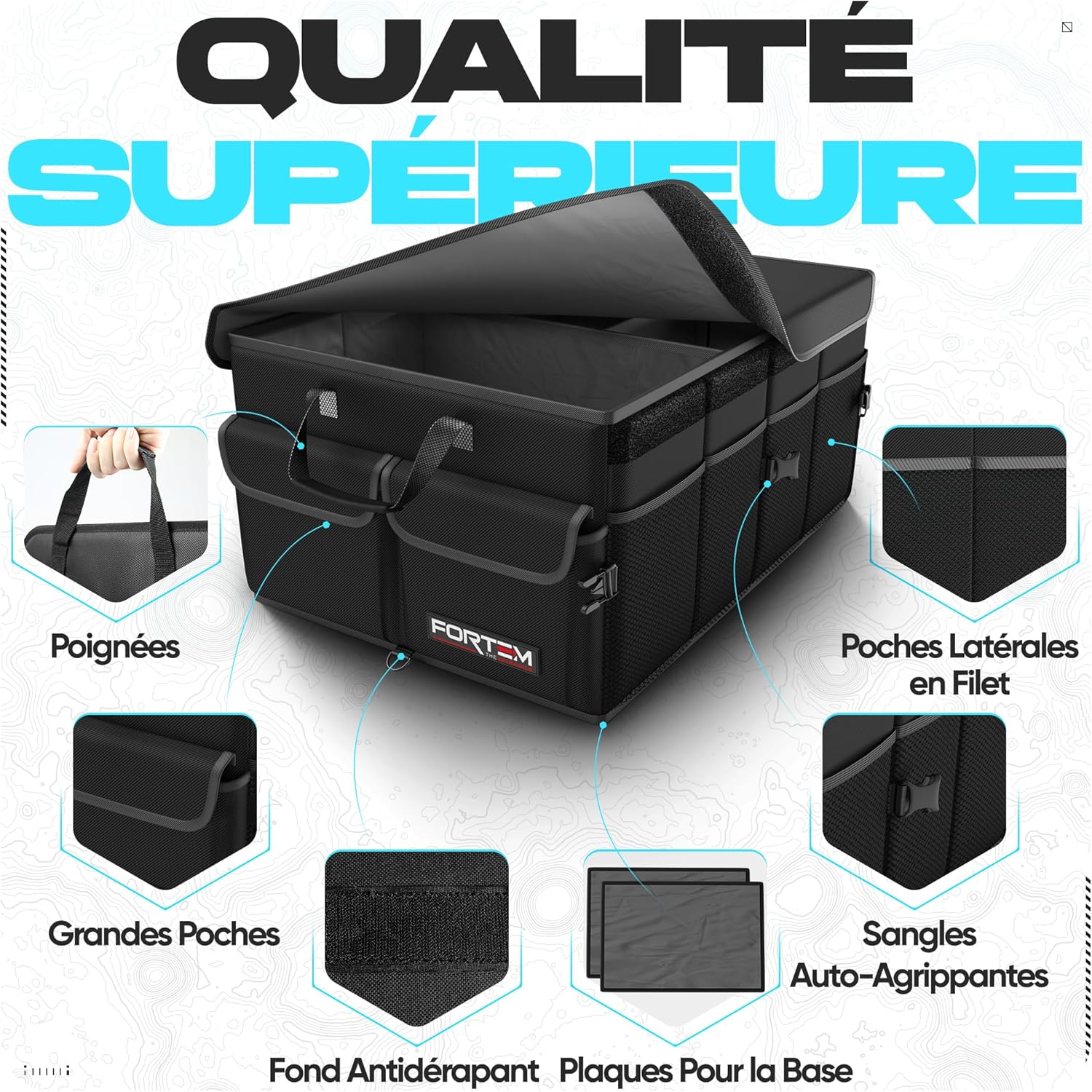 Organiseur de coffre de voiture, pliable, plusieurs compartiments, rangement pliable pour accessoires de voiture, fond antidérapant, sangles de sécurité, couvercle souple, 50 L (Noir, Standard) Noir 50 L