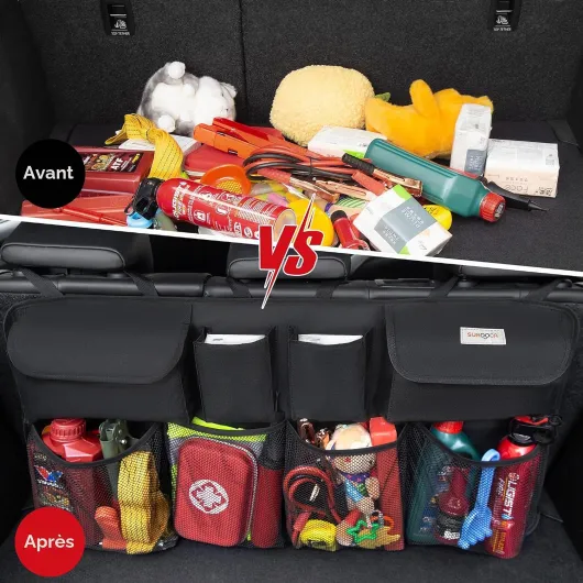 Organiseur de coffre de voiture – 3ème génération [double capacité], équipé d'un filet élastique solide et de 4 structures de baguettes magiques, sac de coffre de voiture Noir L-90x46 cm