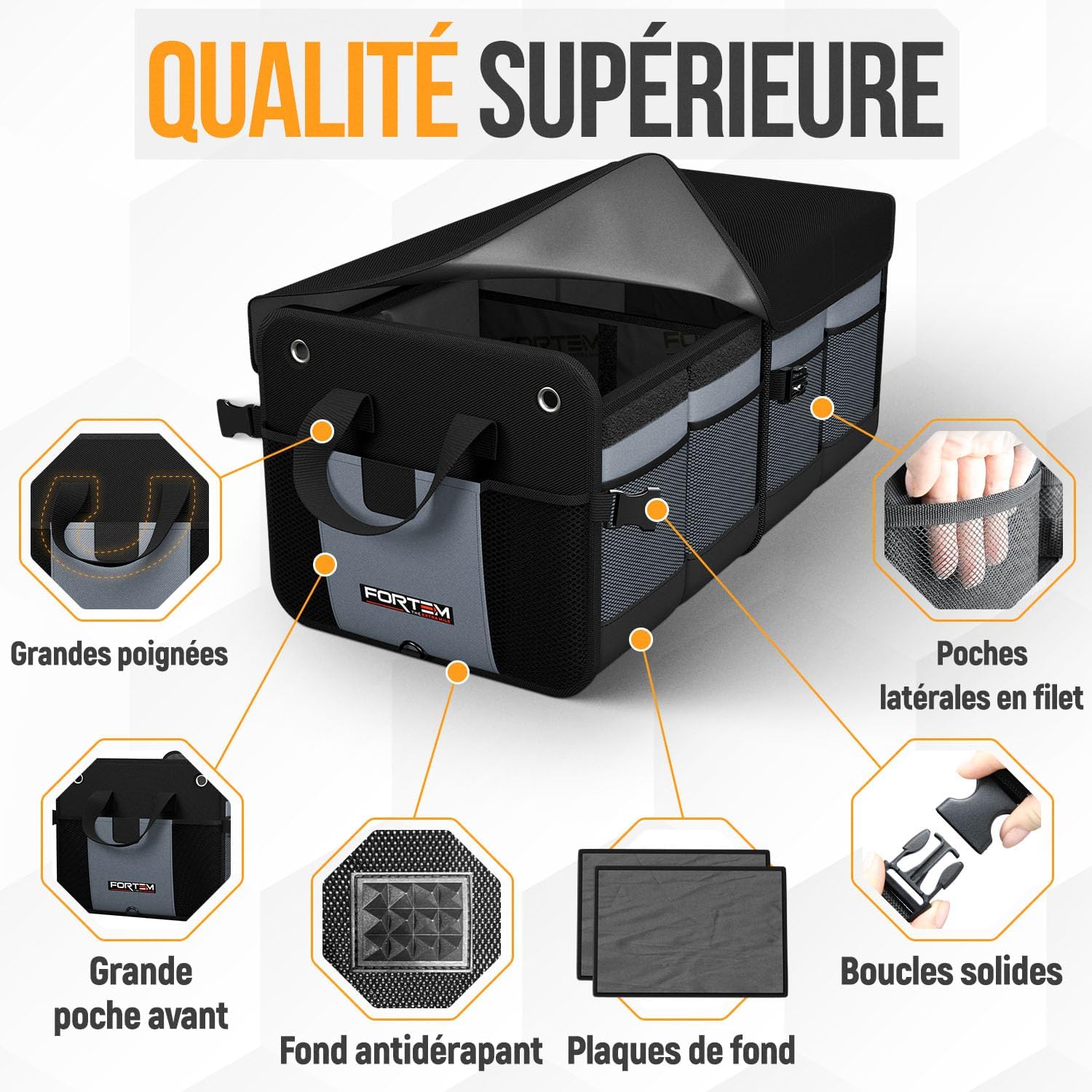Rangement Coffre de Voiture, Pratique et Spacieux, Boite Rangement voiture interieur pliable, Organisateur de Coffre Fond Antidérapant, Sangles de Sécurité et couvercle souple, Car Accessories 65L Gris
