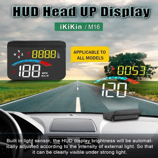 Affichage tête haute de voiture HUD, système GPS iKiKin HUD, ombrage de la conception d'affichage intégrée, 3,5 pouces de voiture affiche l'alarme, compatible avec toutes les voitures et camions M16