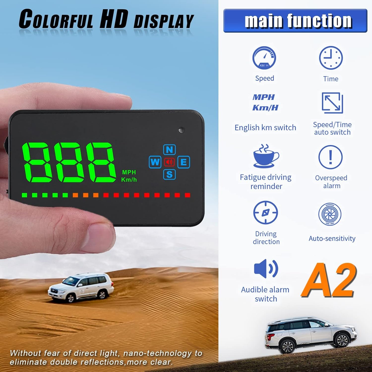Affichage Tête Haute Automatique, GPS HUD pour Véhicules et Camions, Projecteur LED Pare-Brise, Film Réfléchissant HUD, Tachymètre GPS, Plug and Play A2