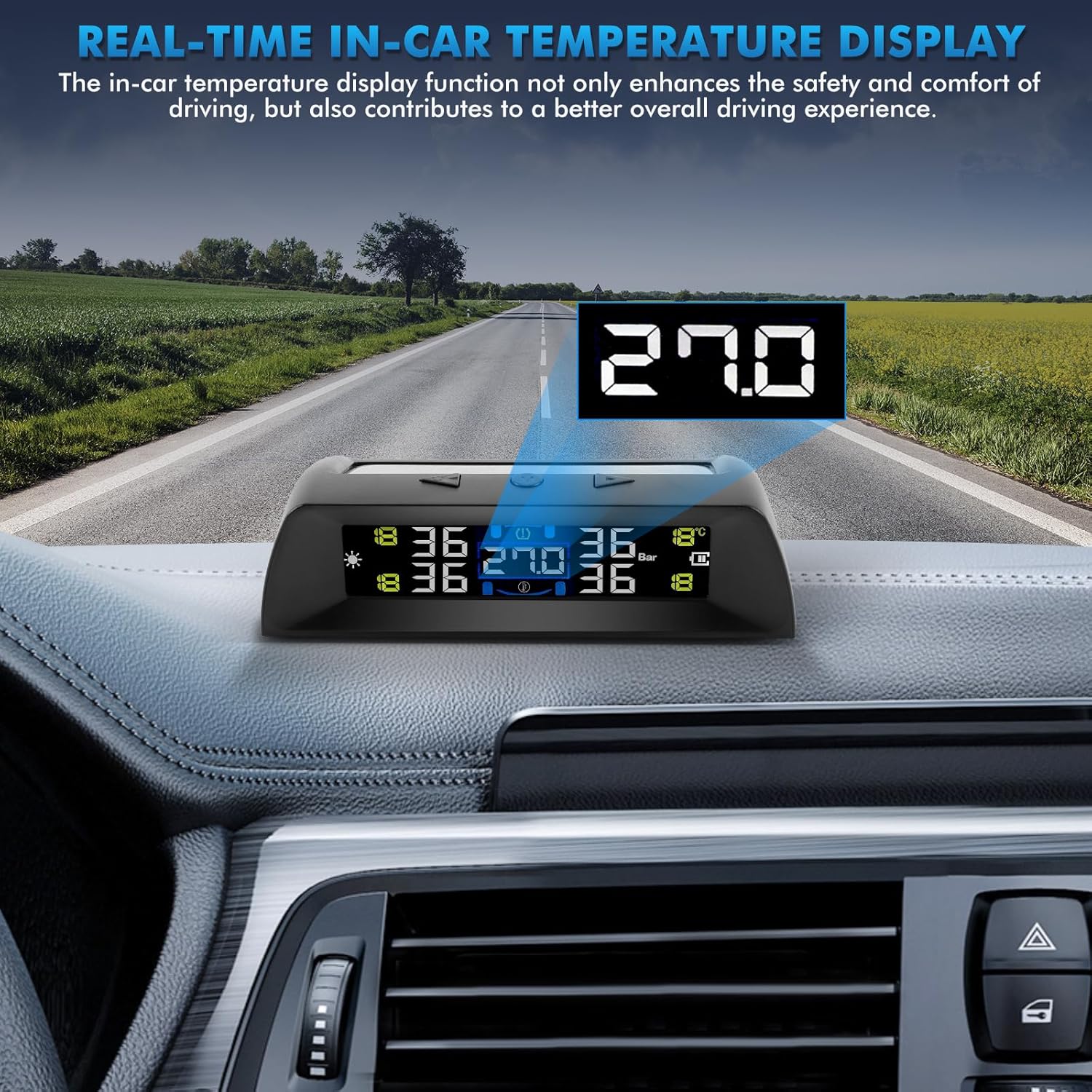 KAOLALI TPMS Système de Surveillance de la Pression des Pneus, Support Charge Solaire, Afficher la Température à l'intérieur de la Voiture, avec 4 Capteurs Externes Voiture pour LKW SUV RV 0-72 Psi
