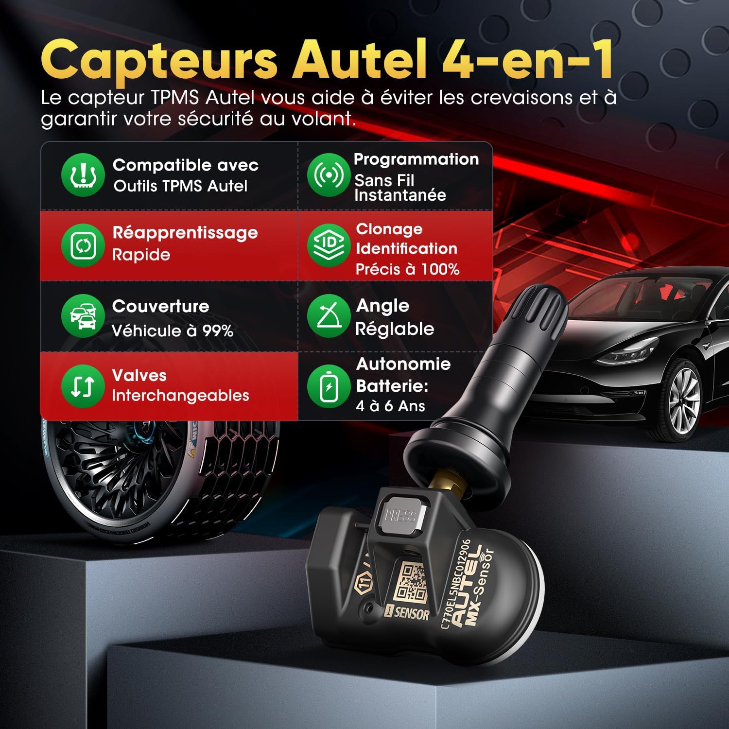 TPMS Sensor 2en1 MX-Sensor, 1-Sensor Press-in Tire Pressure Monitor System Capteur, OE-Level Programmable & Clonable Wireless TPMS Sensor pour Tous Véhicules (Rubber Valve, 4PCS) 4 Pack