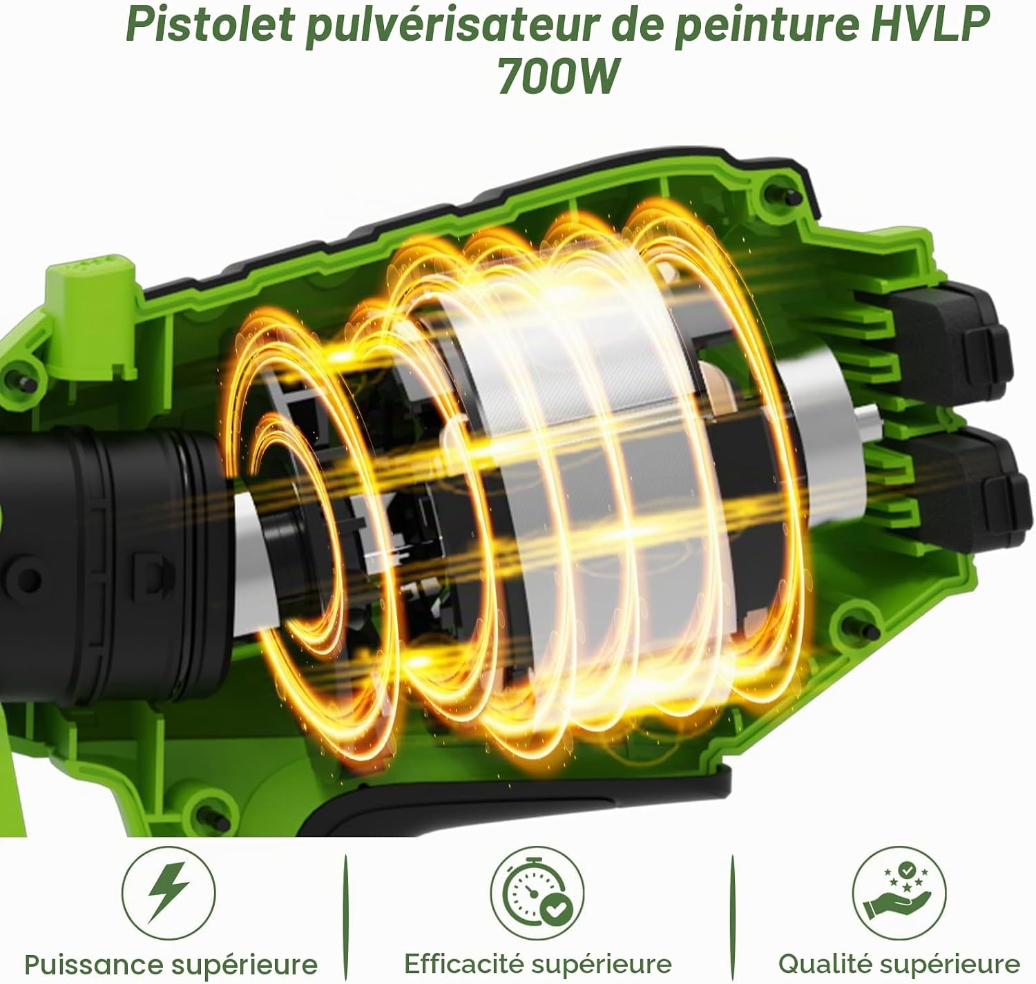 Pistolet Peinture HVLP 700W,Pistolet Peinture Électrique avec 4 Buses & 3 Motifs, Fonction Soufflage & Nettoyage, Réservoir 1200ml, pour Meubles, Murs, Portes, Clôtures, Bricolage Vert