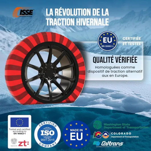 ISSE Chaussettes Neige T-66 - Chaînes à Neige Textiles Homologuées et Haute Sécurité – Kit de 2 Chaînes pour Voitures + Gants CLASSIC T66