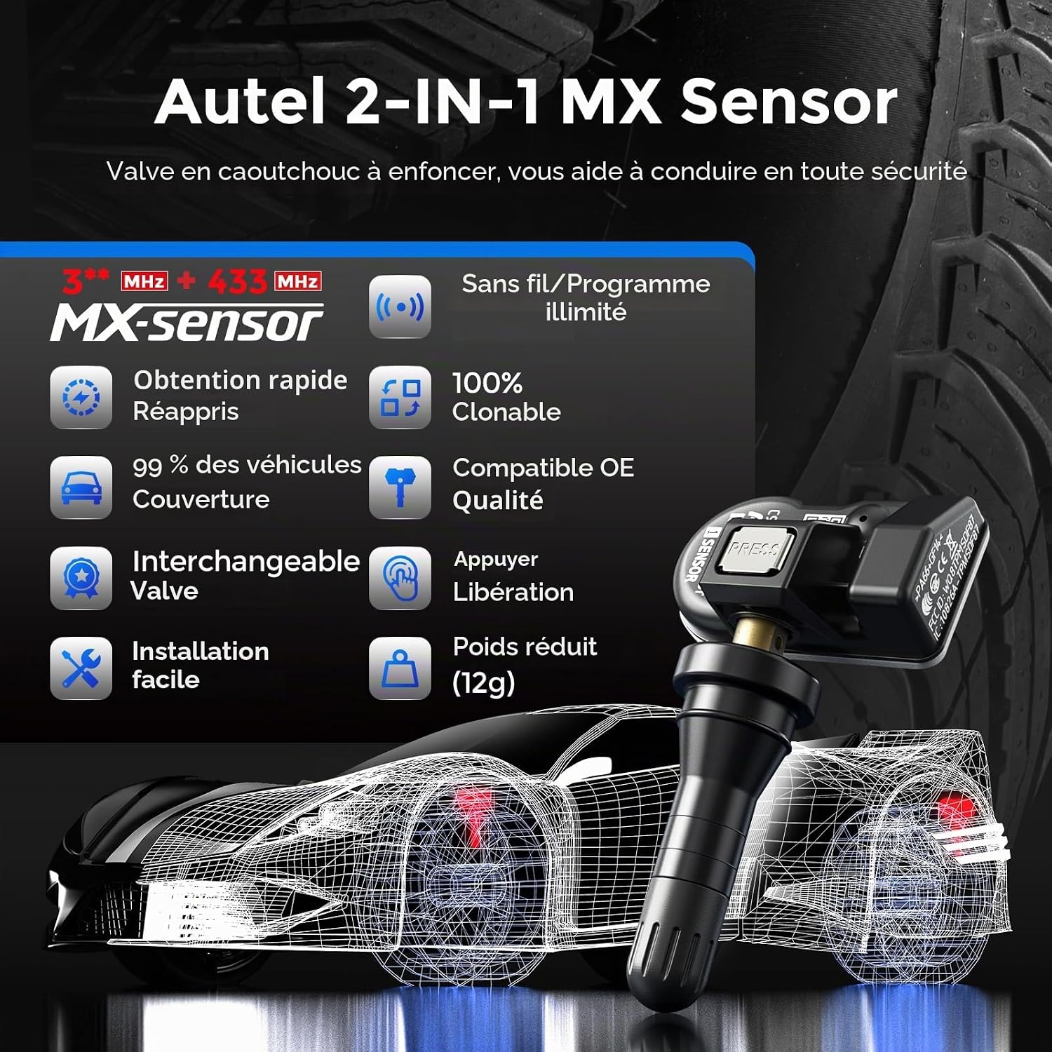 TPMS MX-Sensor Double Fréquence, OE-Niveau Capteurs TPMS pour 99% Voiture, 100% Programmable Capteur de Pneus, Fonctionne avec TS408S TS508WF TS501Pro TS601 Outil TPMS(Valve en Caoutchouc, 1PCS) Noir