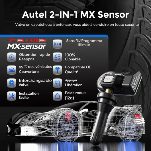 TPMS MX-Sensor Double Fréquence, OE-Niveau Capteurs TPMS pour 99% Voiture, 100% Programmable Capteur de Pneus, Fonctionne avec TS408S TS508WF TS501Pro TS601 Outil TPMS(Valve en Caoutchouc, 1PCS) Noir