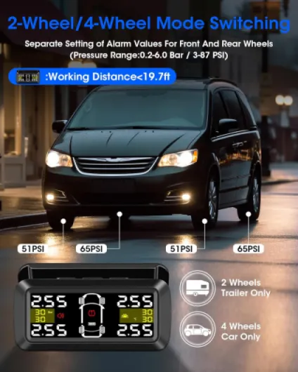 TPMS Système de Surveillance de la Pression des Pneus 2/4-Roues Mode - 0.01 Bar Haute Précision Recharge Solaire avec 3.5'' Support Amovible avec 4 Capteur Pression Pneu pour Voiture SUV 5-87Psi