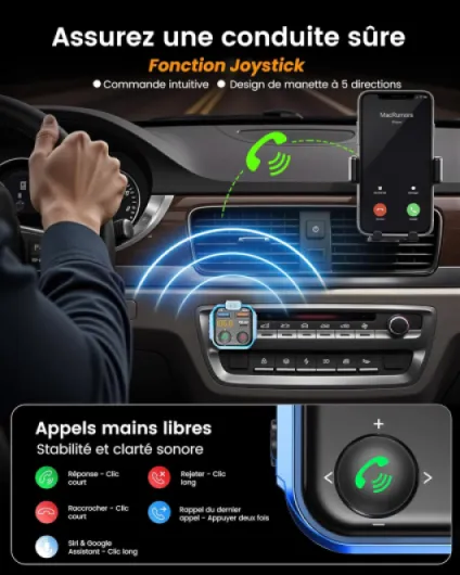 Transmetteur FM Voiture, Allume Cigare Bluetooth 5.3 Émetteur Radio - Chargeur Rapide PD 20W Type C+ QC3.0, Appels Mains Libres, Lecteur de Musique MP3 Basse Support U Disk Black