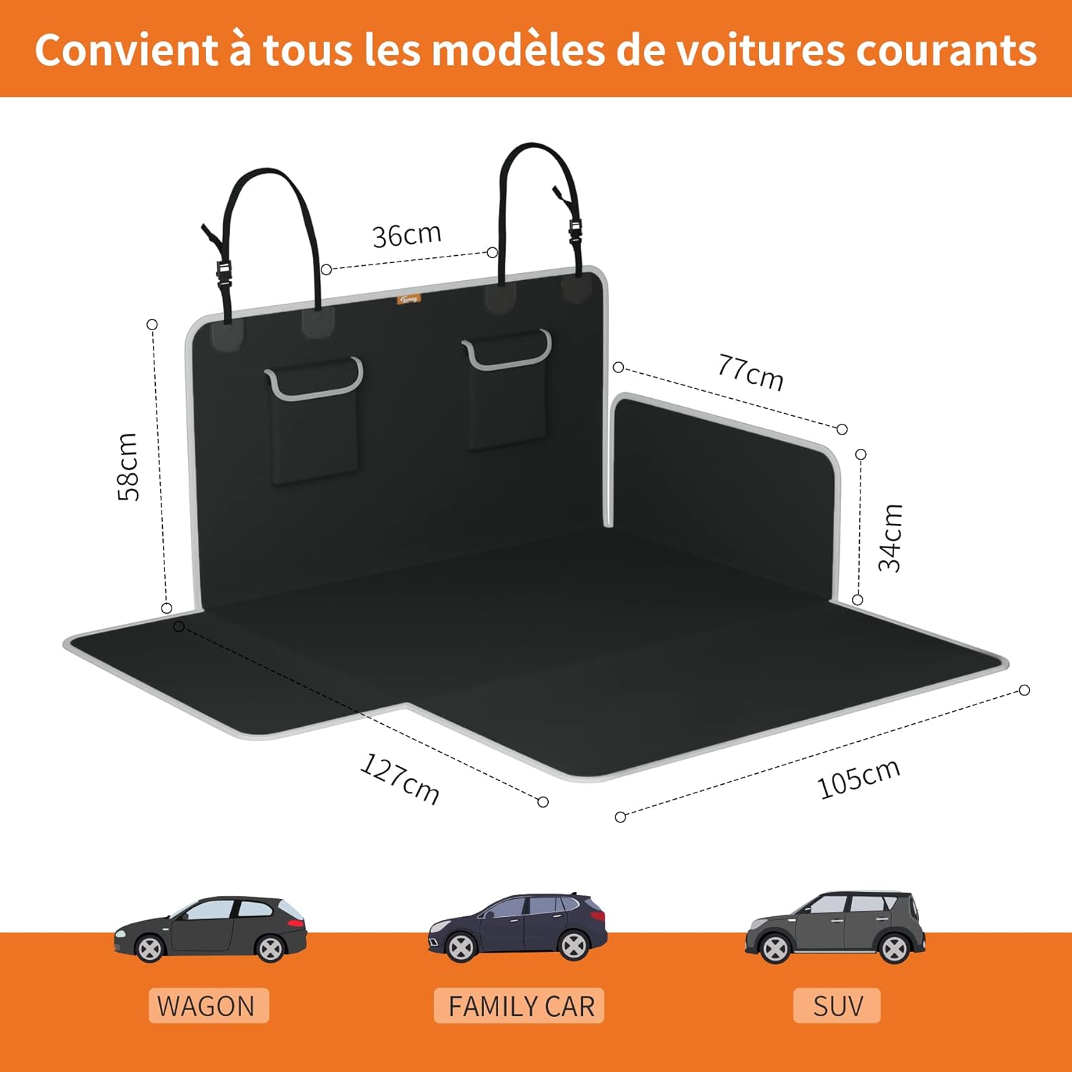 Toozey Housse de Coffre pour Chien 185×105 cm, Protections Latérales & Pare‑Chocs, Tapis de Coffre Universel Robuste & Imperméable pour la Plupart des Voitures, SUV et Break – Noir Bord Gris - Avec protection latérale, tissu Oxford 600D antidérapant, 185