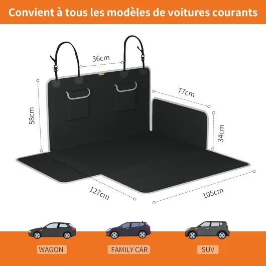 Toozey Housse de Coffre pour Chien 185×105 cm, Protections Latérales & Pare‑Chocs, Tapis de Coffre Universel Robuste & Imperméable pour la Plupart des Voitures, SUV et Break – Noir Bord Gris - Avec protection latérale, tissu Oxford 600D antidérapant, 185
