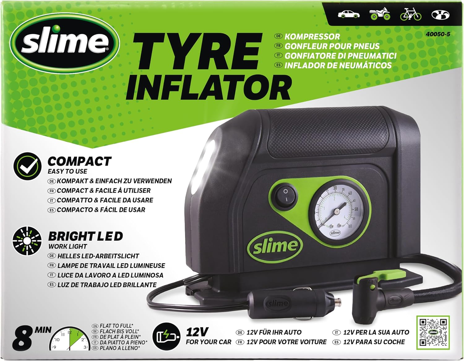 Slime 40050 Gonfleur de pneu, compresseur d'air portable pour voiture, avec jauge analogique de 100 psi, long tuyau et lumière LED, 12 V, 8 min de gonflage