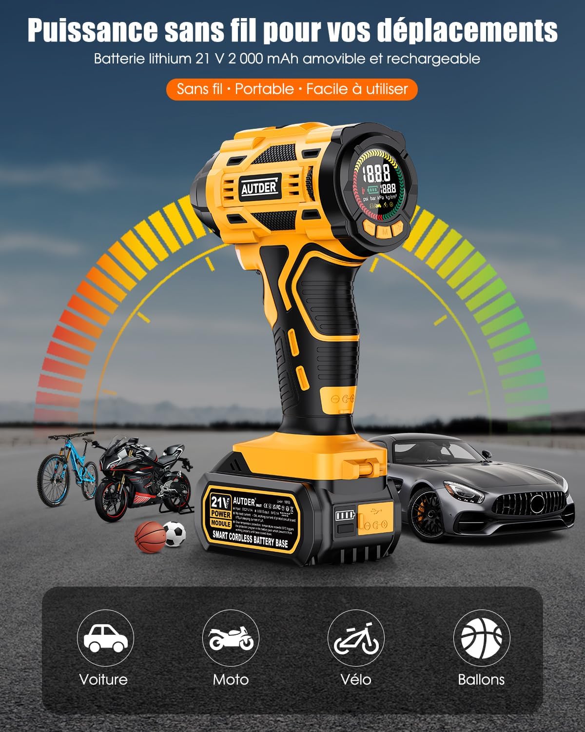 Gonfleur Pneu Électrique 180 PSI, Compresseur à Air Sans Fil avec Batterie Amovible 21V et Câble d'Alimentation Voiture 12V, Arrêt Automatique, Écran LCD, Lampe LED pour Voiture, Jaune