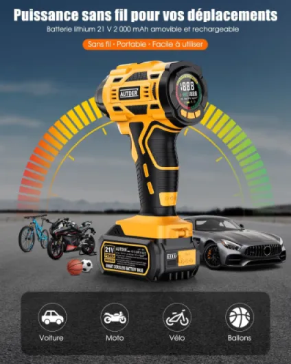 Gonfleur Pneu Électrique 180 PSI, Compresseur à Air Sans Fil avec Batterie Amovible 21V et Câble d'Alimentation Voiture 12V, Arrêt Automatique, Écran LCD, Lampe LED pour Voiture, Jaune