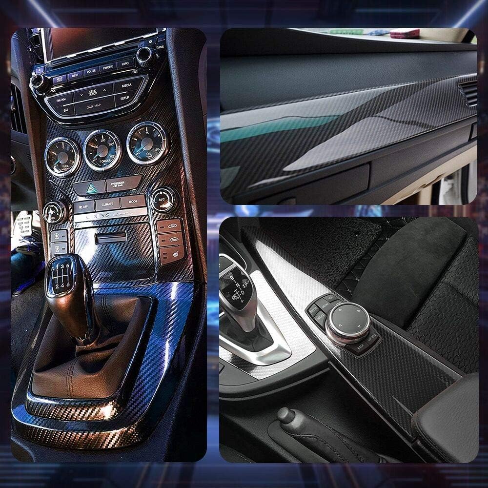 Film Covering Voiture, 6D Covering Carbone en Vinyle 300 x 30cm Noir, Fibre de Carbone Adhésif Imperméable Pas de Bulles, Autocollant pour Voiture, Moto, Vélo, avec des Outils