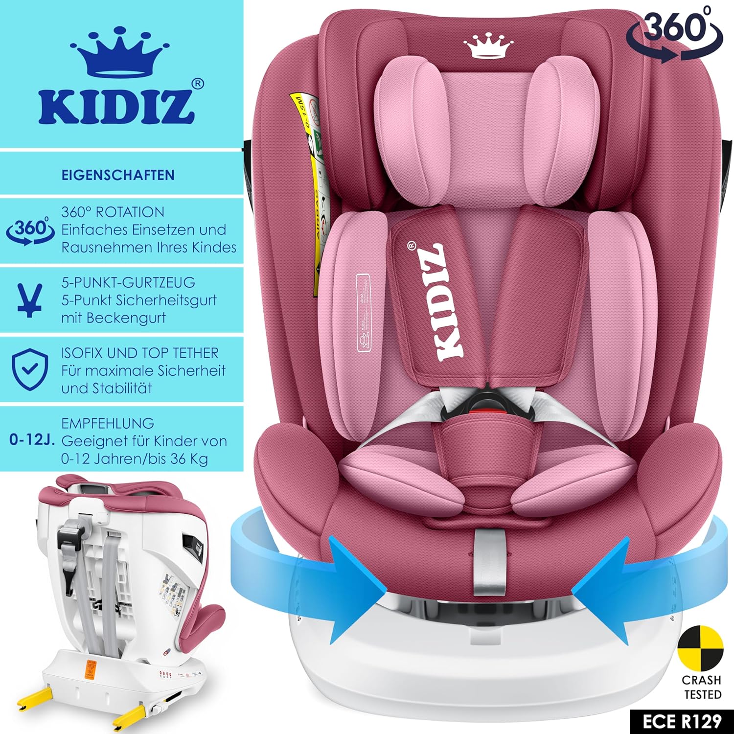 KIDIZ® Siège auto pour enfant - Siège auto pour bébé - Siège auto pour enfant Isofix Top Tether - pivotant à 360°, groupe 0/1/2/3, dès la naissance, de 0 à 36 kg - Avec pare-soleil (Rose)
