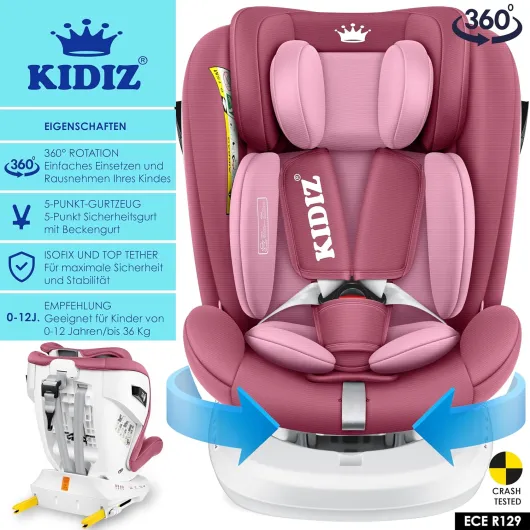 KIDIZ® Siège auto pour enfant - Siège auto pour bébé - Siège auto pour enfant Isofix Top Tether - pivotant à 360°, groupe 0/1/2/3, dès la naissance, de 0 à 36 kg - Avec pare-soleil (Rose)