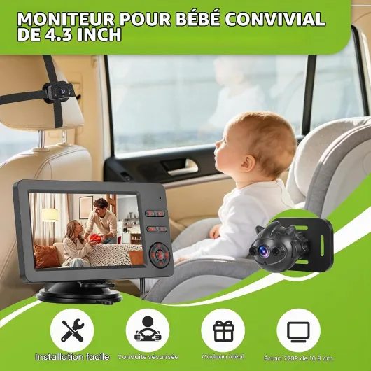 Bluetooth Caméra Voiture pour Bébé 4.3 Pouces - Sons Apaisants Vision Nocturne Rotation à 360° Installation Facile Miroir Voiture Bébé Touches multicolores Ventouse 4.3''-Bluetooth Music-Noir 4.3''-Bluetooth Music