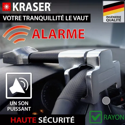 KR830 Antivol Voiture Avec Alarme 120dB, Canne Antivol Voiture Haute Sécurité, Robust Bloque Volant sur Rayon Plus Dissuasif, Facile à Utiliser, Bloc Barre Anti Vol Universel Auto Camping-Car