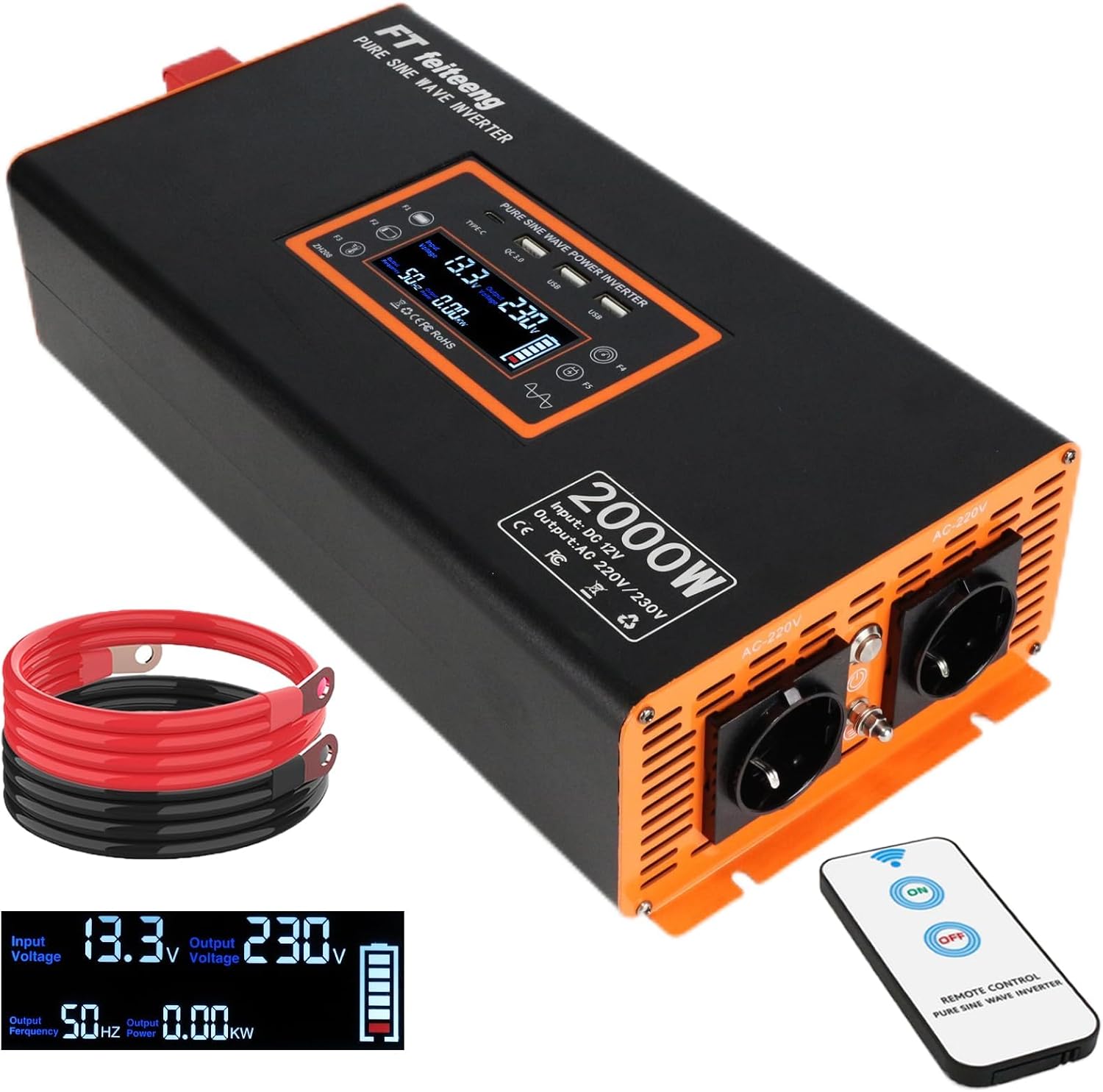 2000W/4000W Convertisseur 12V 220V Pur Sinus Onduleur,transformateur 12v 220v avec 2 Prises CA, Port USB, Télécommande, écran LCD, pour Les Systèmes Solaires, Voiture, Camping,Voyage Caravane PSW 2000 W