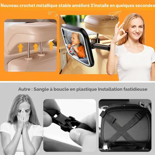 Retroviseur Voiture Bebe Miroir Voiture Bébé avec Lumière Led Rechargeable, 360° Rotation Réglables Rétroviseur Voiture Bébé 100% Incassable Miroir De Voiture De Bébé LED (A)